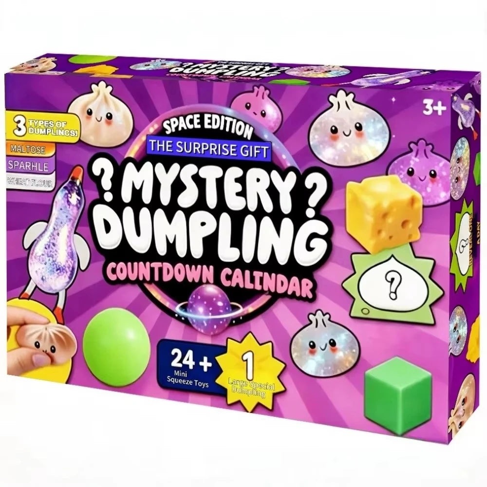 Karton mit Mystery Dumpling Countdown Kalender mit weichen Spielzeugen und Weltraumverpackung.