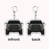 A pair of durable metal key rings featuring silver clasps and silhouette charms of an off-road truck's front and back views.