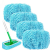 A stack of bright blue reusable microfiber mop pads and a green cleaning tool.