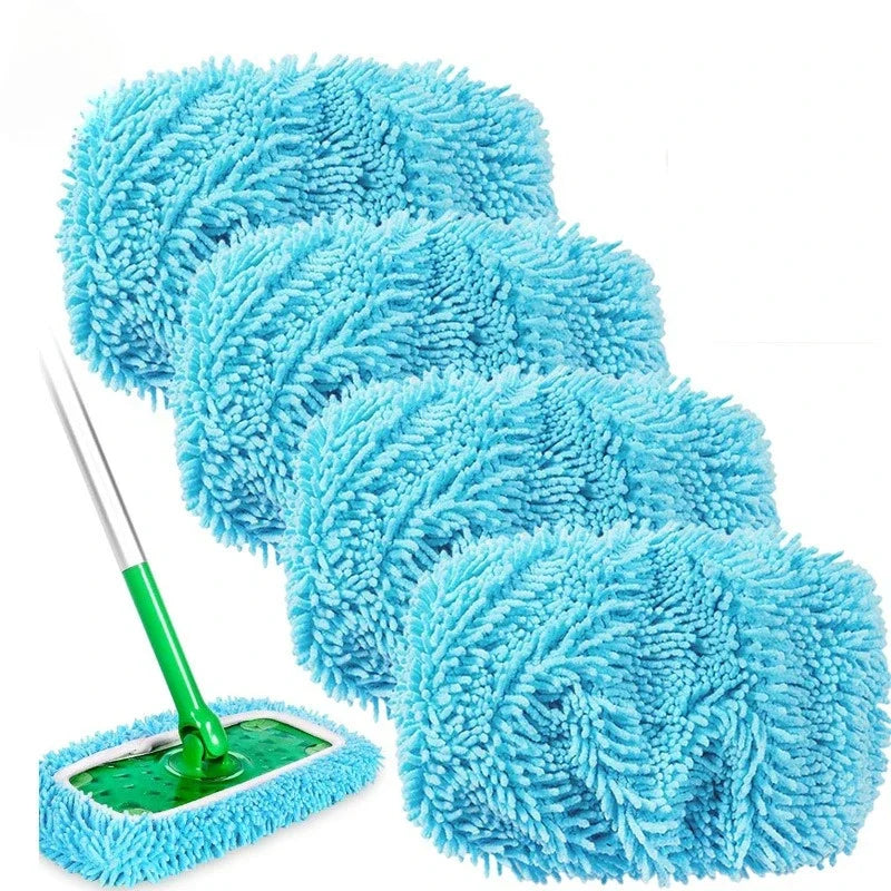 A stack of bright blue reusable microfiber mop pads and a green cleaning tool.