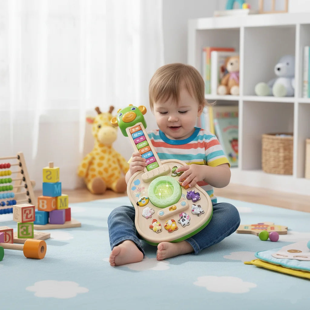 Un enfant joue d'une guitare sonore d'animaux éducative et colorée.