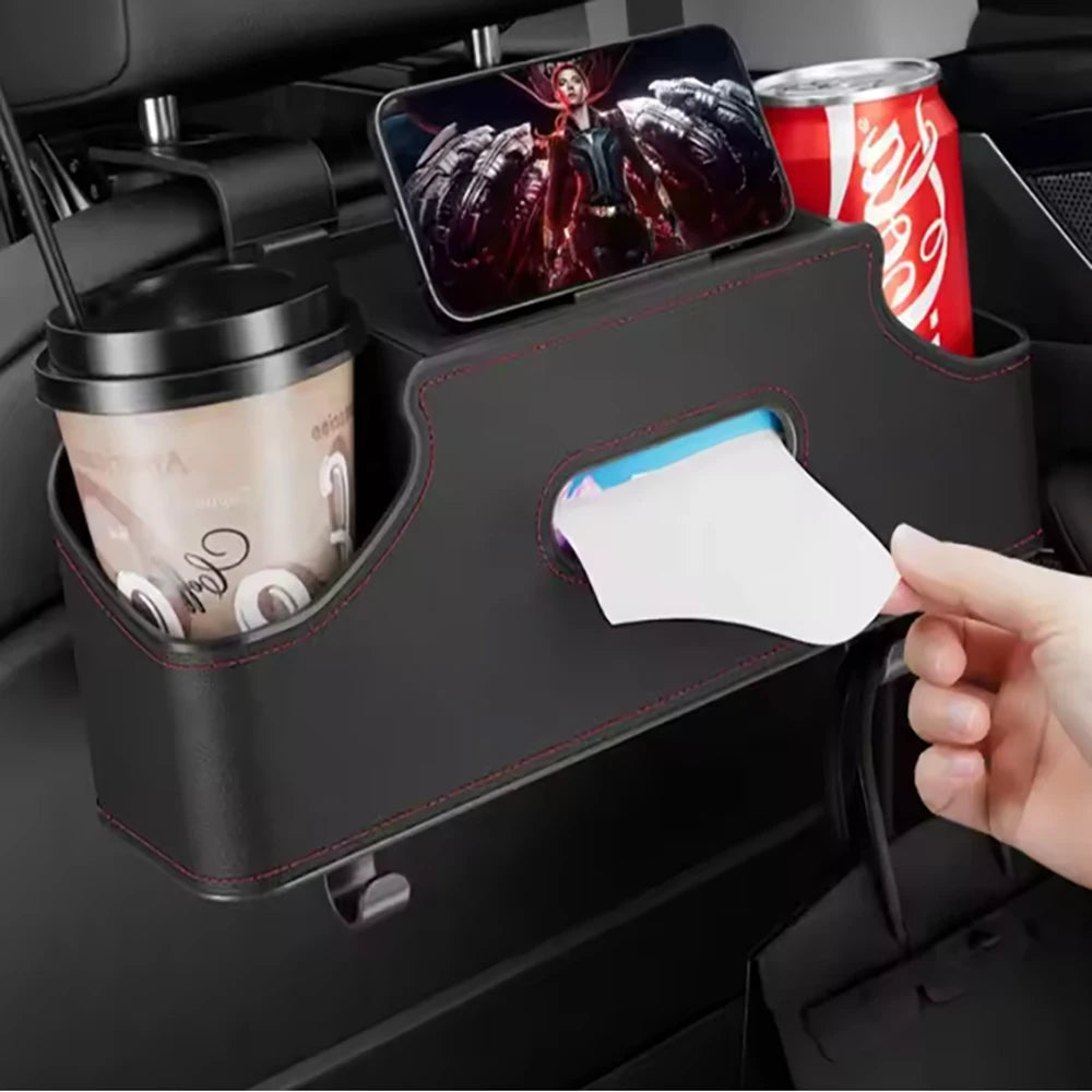 A black car back seat organizer holding a cup, a can, and a smartphone.
