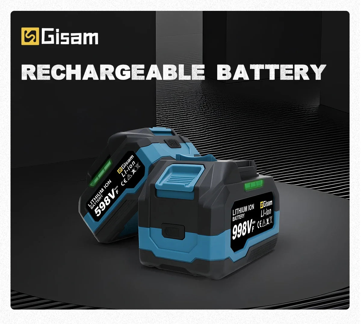 A black and blue rechargeable battery pack labeled Gisam Rechargeable Battery with a 998V Lithium Ion rating.