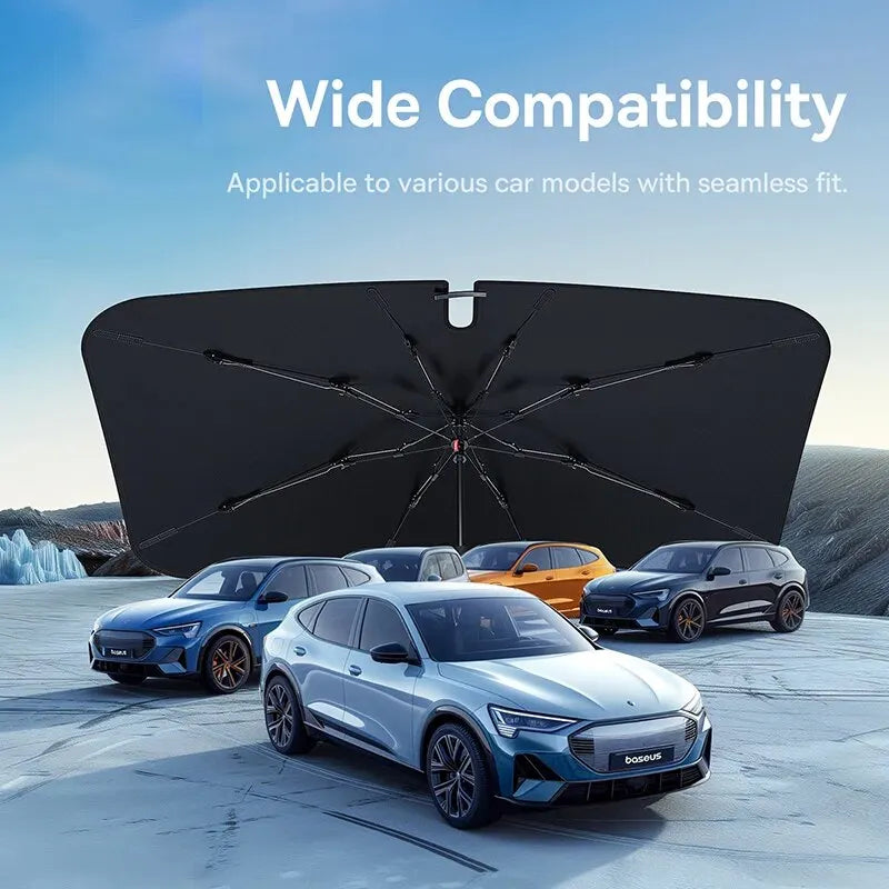 A dark umbrella windshield sun shade is shown with various car models in the background, demonstrating wide compatibility.