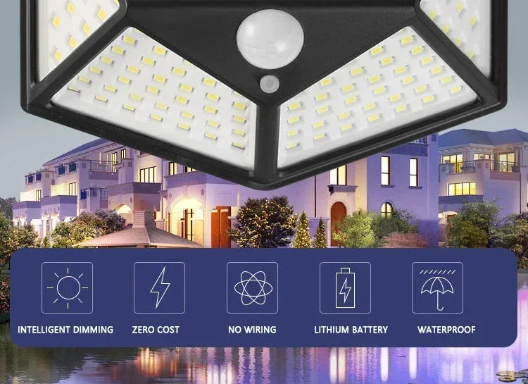 A close-up of a modern outdoor wall light fixture with multiple LED panels, designed for intelligent dimming and weatherproof
