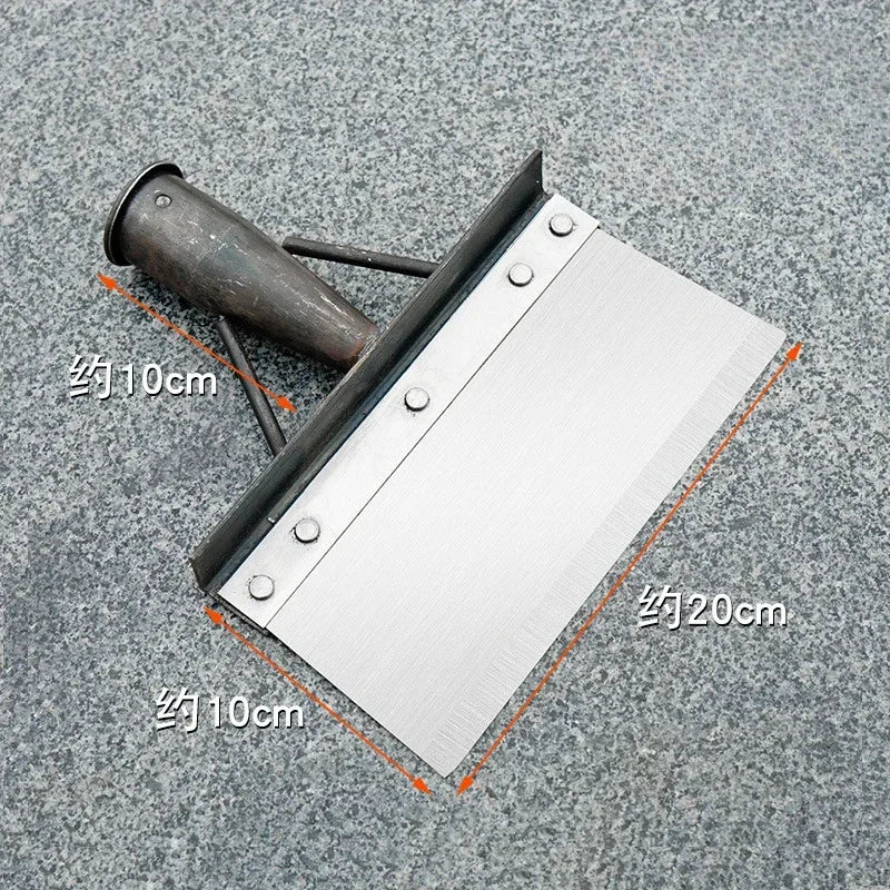 A silver cleaning shovel with a handle and measuring lines is shown against a gray textured background.