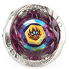 A clear plastic spinning top with a purple and yellow internal design encased in silver metal.