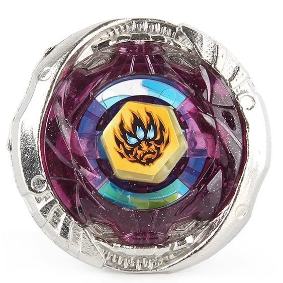 A clear plastic spinning top with a purple and yellow internal design encased in silver metal.