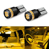 A pair of Canbus error-free T10 LED bulbs are shown in a car interior setting.