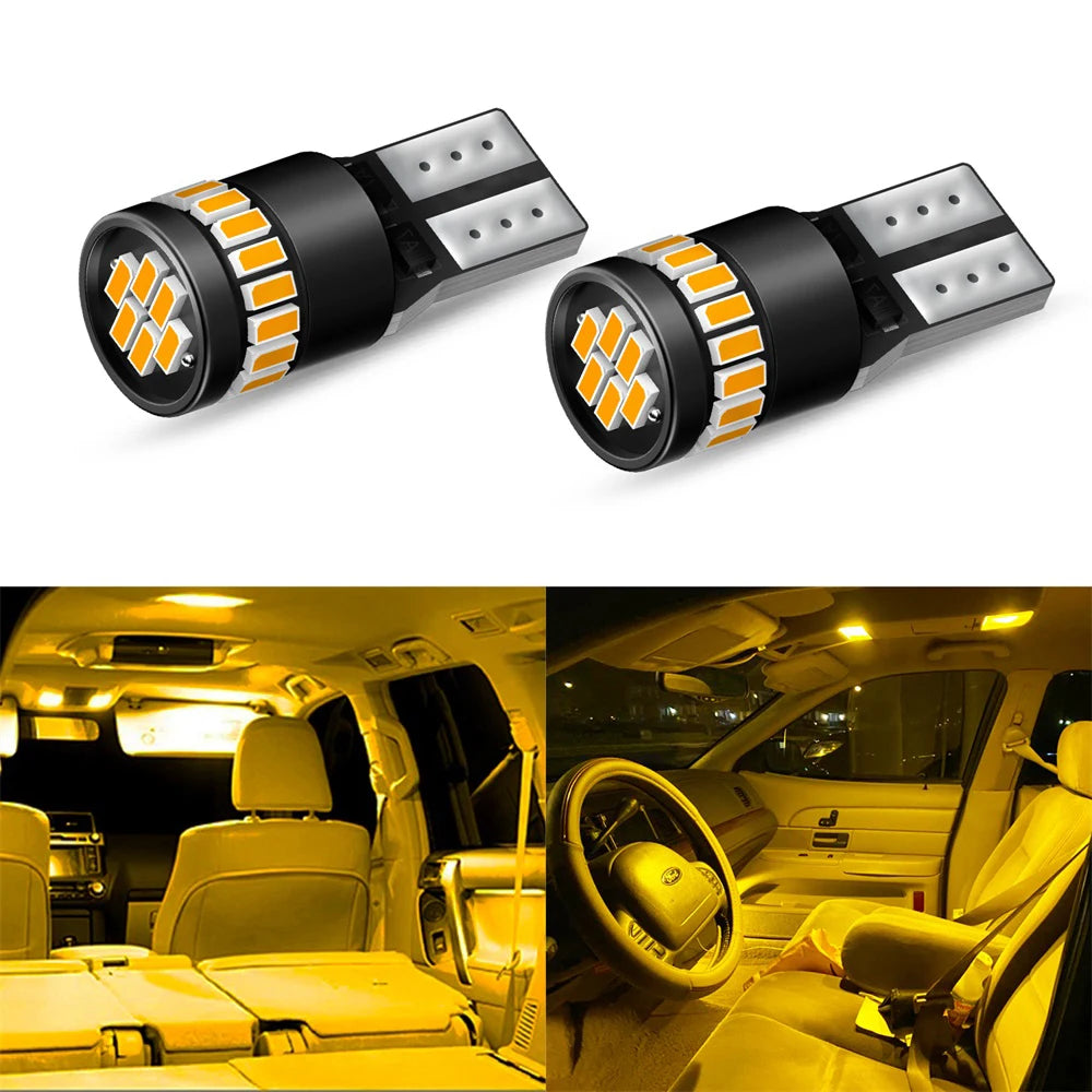 A pair of Canbus error-free T10 LED bulbs are shown in a car interior setting.