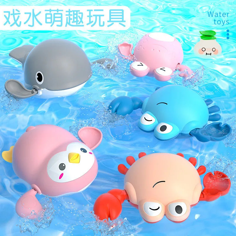 A set of colorful bath toys featuring cartoon turtles, ducks, and whales floating in water.