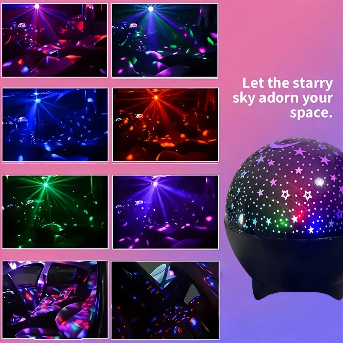 A black LED projector night light emitting a starry sky pattern in various colors like purple, green, and pink.