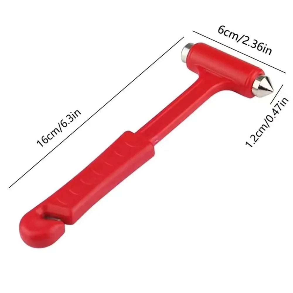 Red car emergency escape hammer with glass breaker and seatbelt cutter shown with dimensions.
