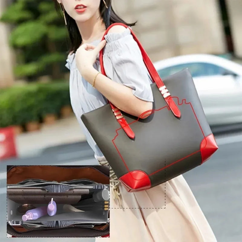 A woman holds a foldable oxford cloth makeup organizer bag with red accents and a strap, next to an open view of the interior