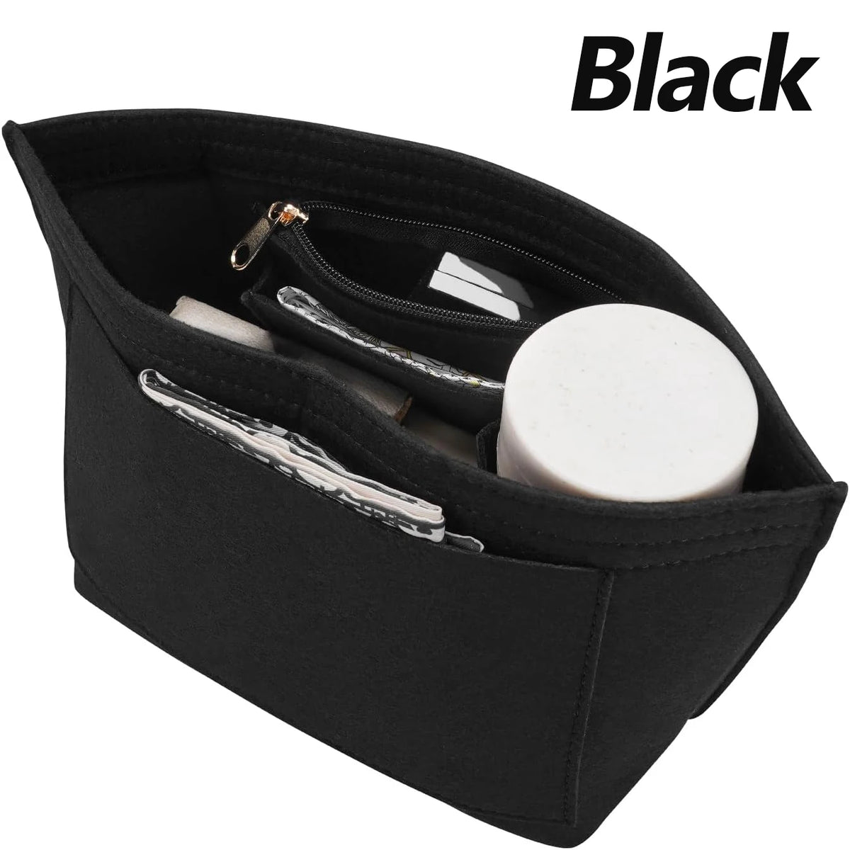 Black felt handbag organizer insert showing a zippered compartment and various accessories.