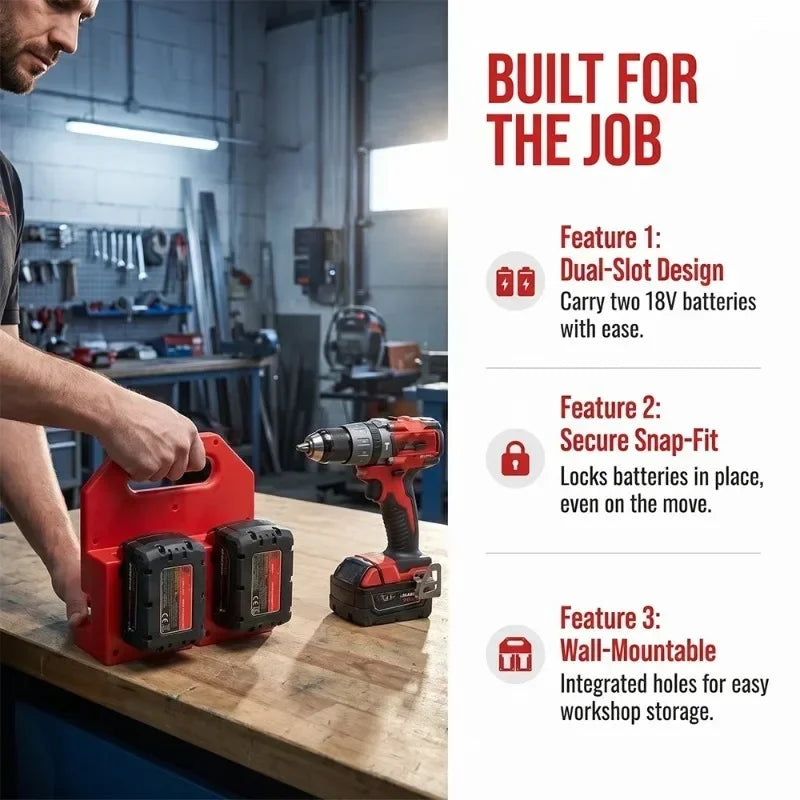 A red portable battery storage case is shown on a wooden workbench, demonstrating its dual-slot design and secure snap-fit fe