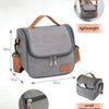 Gray insulated lunch bag with brown strap and small pocket details