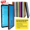 A black tablet case with a dark purple screen next to a set of multi-colored card protectors.