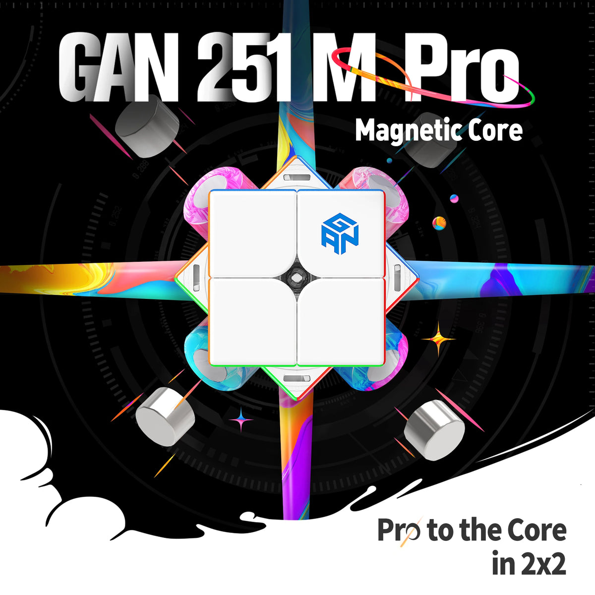 A close-up view of the GAN 251 M Pro magnetic core puzzle with a white cube and surrounding components.
