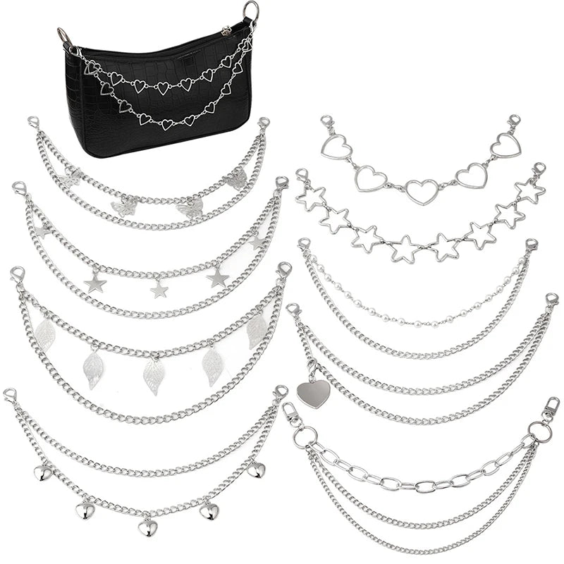 Black leather multi-layer chain strap with various silver pendant charms