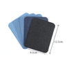 A stack of four iron-on patches in shades of light blue, blue-gray, and black, showing their dimensions.