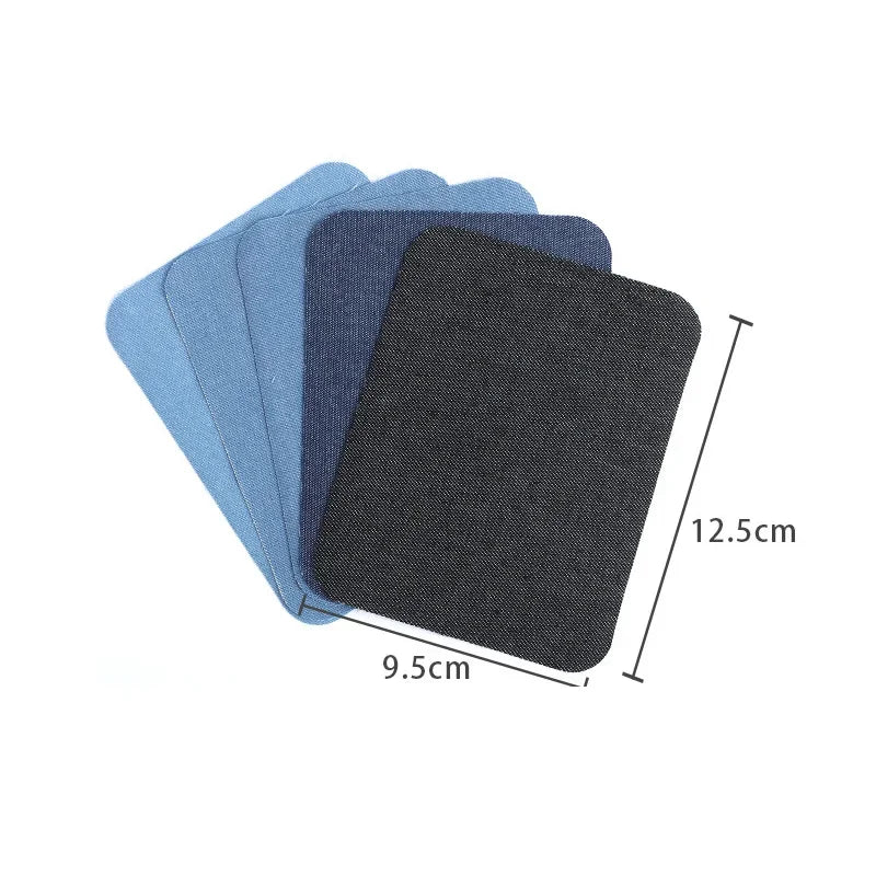 A stack of four iron-on patches in shades of light blue, blue-gray, and black, showing their dimensions.