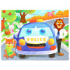 A jigsaw puzzle featuring a police car, a fox, and a lion in an outdoor setting.