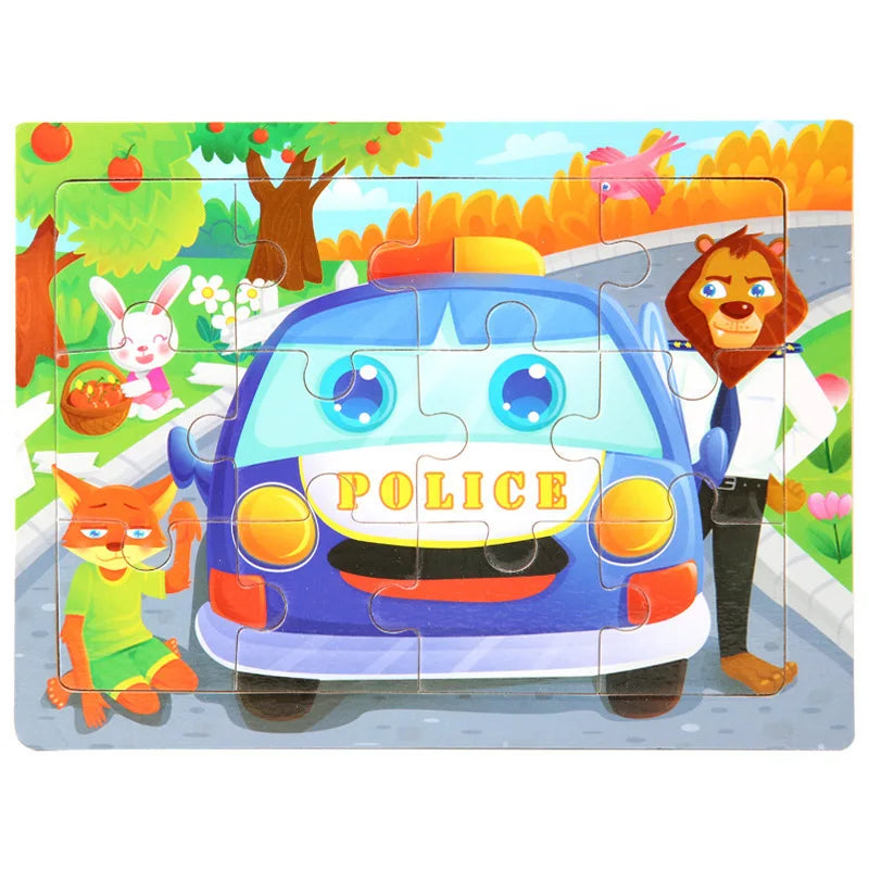 A jigsaw puzzle featuring a police car, a fox, and a lion in an outdoor setting.
