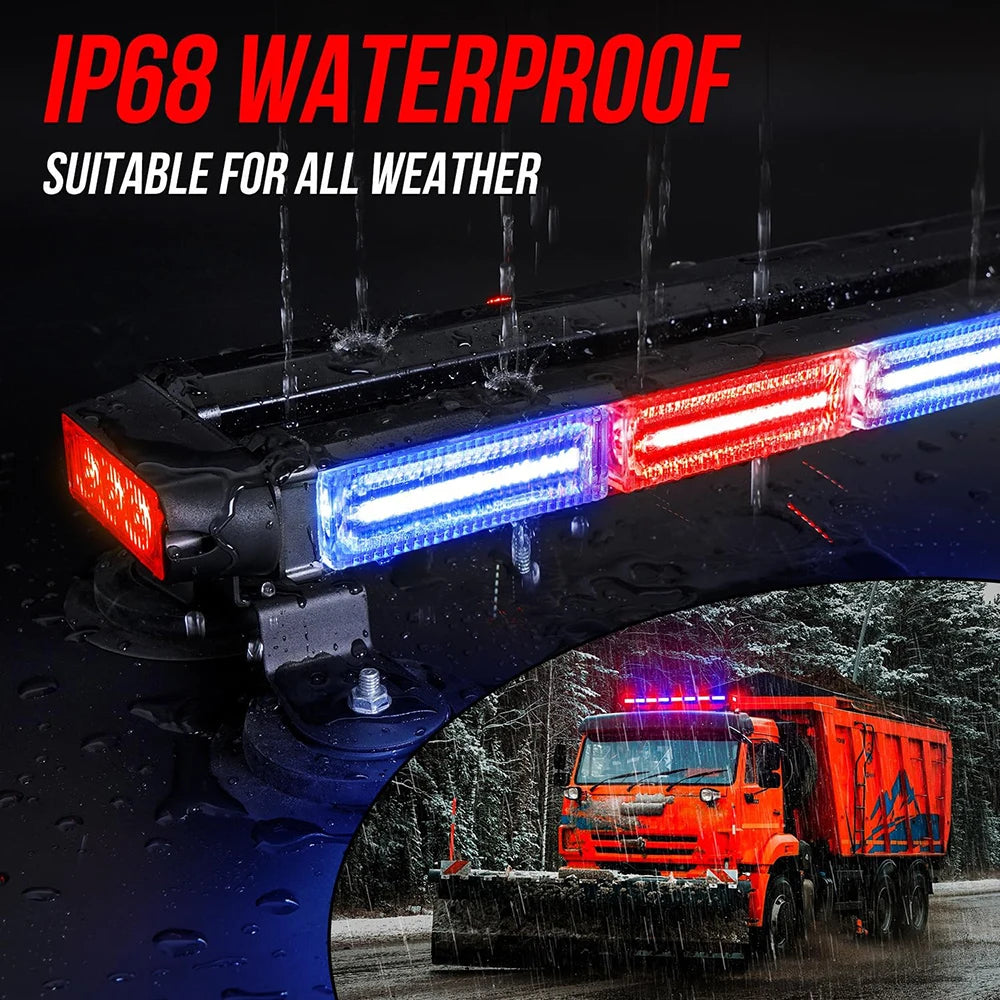 An LED rooftop strobe light bar is shown mounted on a vehicle, demonstrating its IP68 waterproof capability in rainy conditio