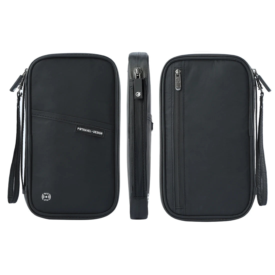 Black RFID-blocking travel passport wallet shown in three views.