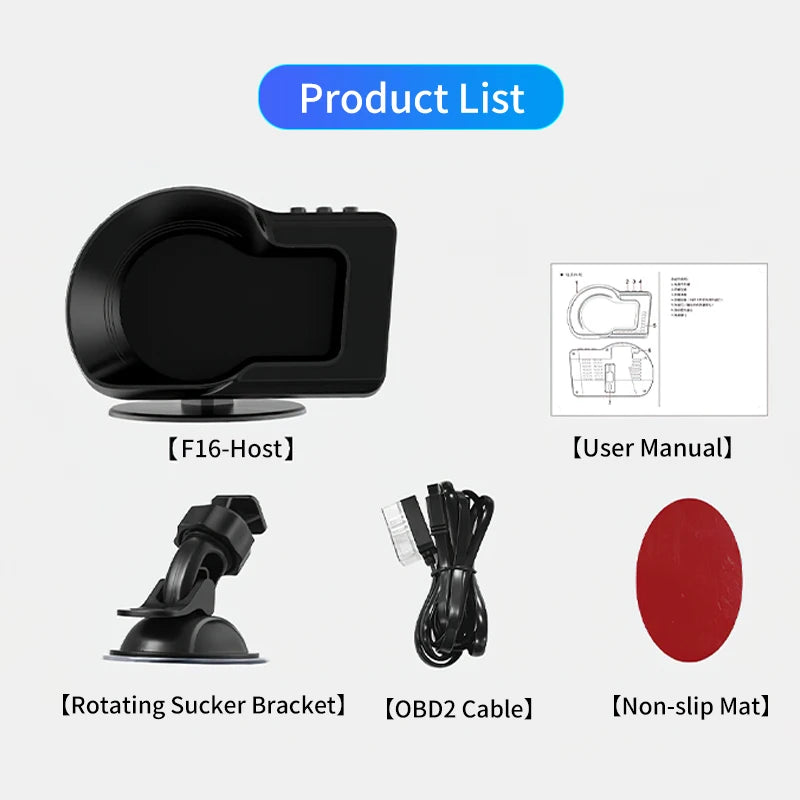 A collection of automotive accessories including an F16-Host mount, a rotating sucker bracket, an OBD2 cable, and a non-slip 