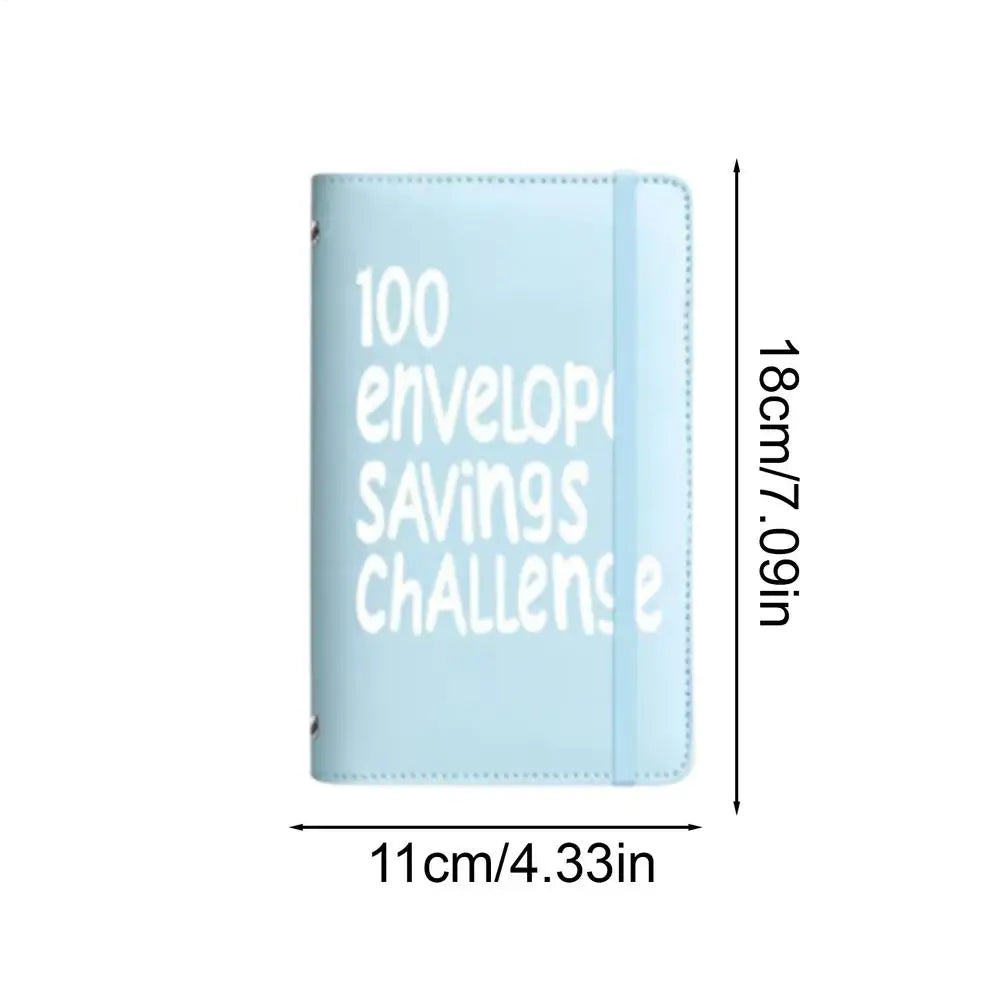 A light blue binder for a 100-day envelope savings challenge with measurements shown.
