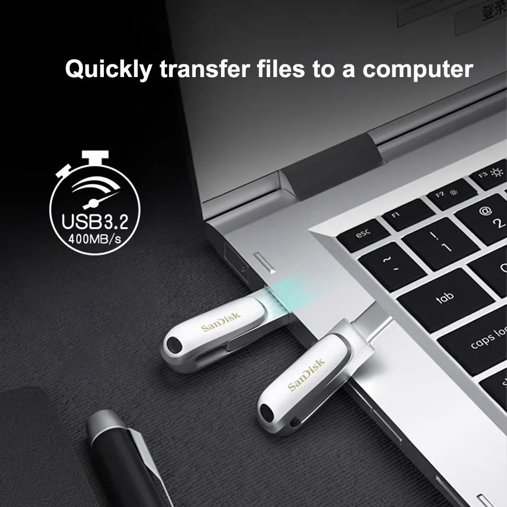 SanDisk Ultra Dual Drive Luxe USB 3.2 flash drive connected to a laptop for file transfer.