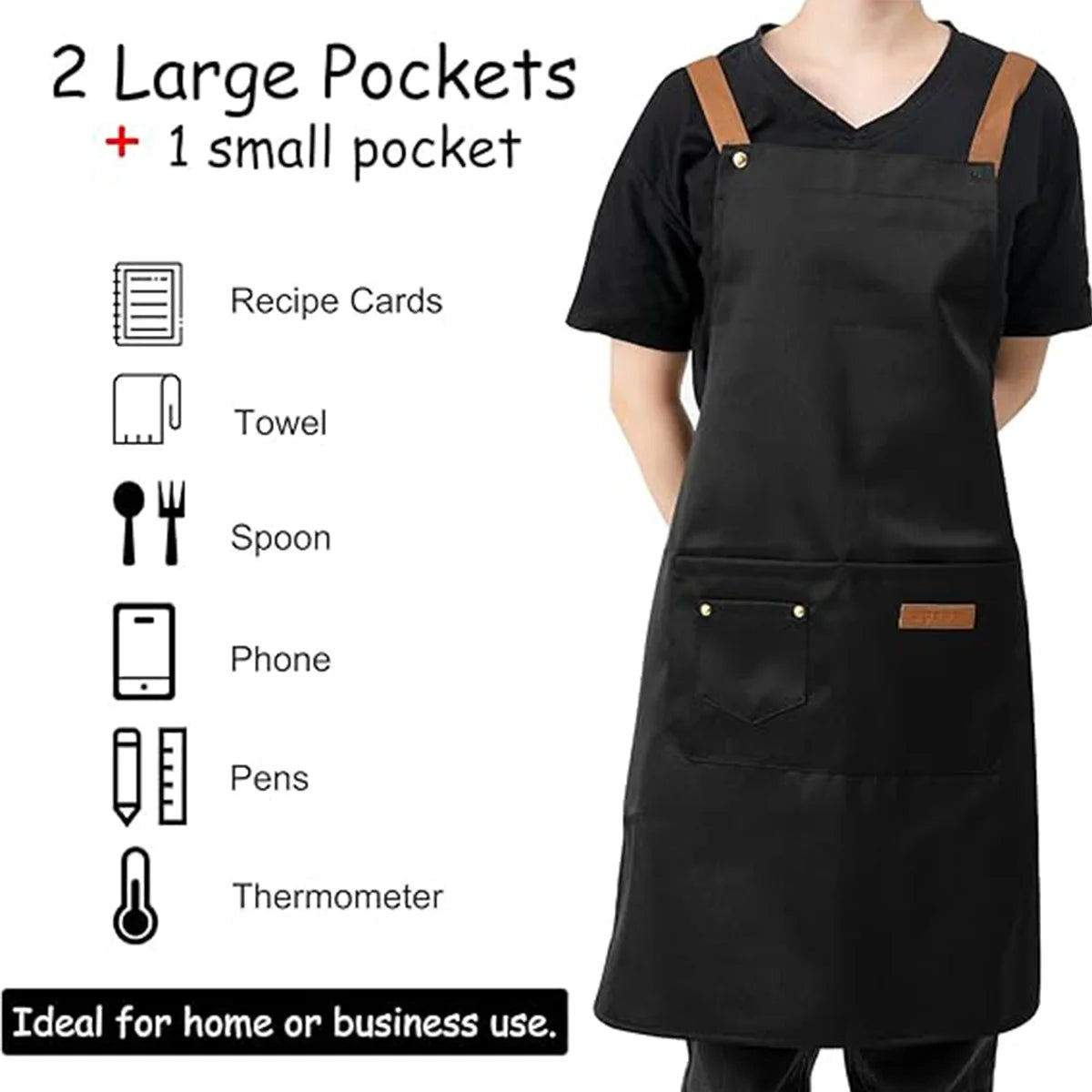 Black adjustable polyester kitchen apron with two large and one small pocket for cooking or business use