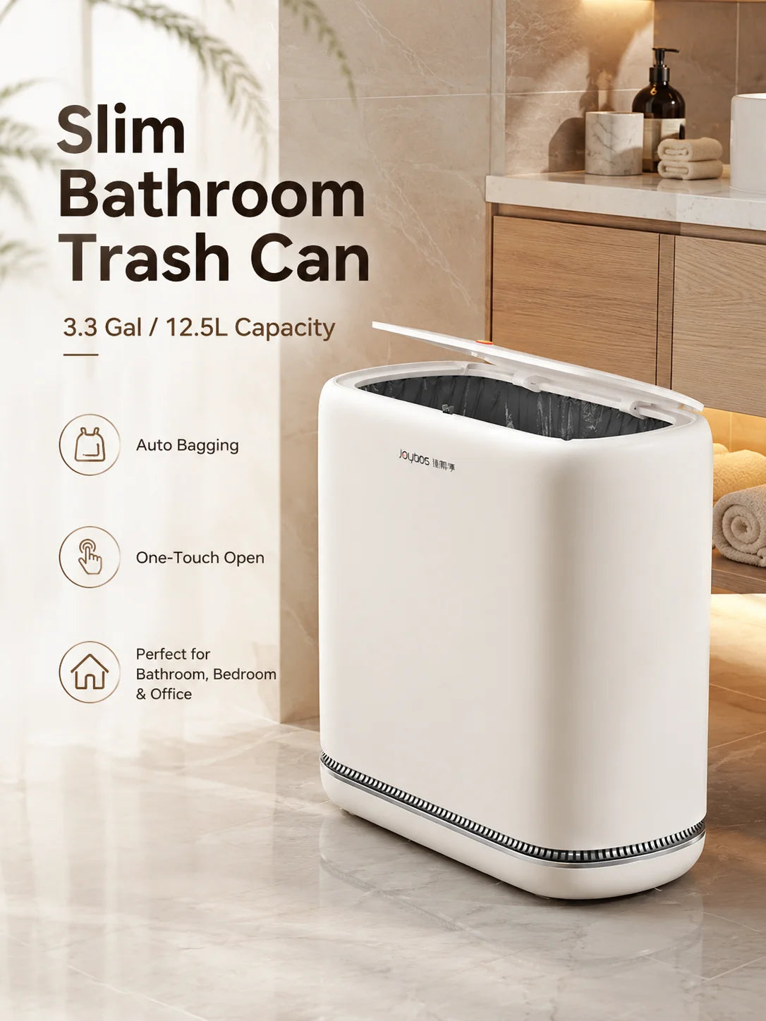 A white slim touchless trash can with a lid is shown on a marble countertop in a bathroom setting.