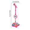 A portable karaoke microphone with a stand and light effects, featuring a pink microphone and colorful light pads.