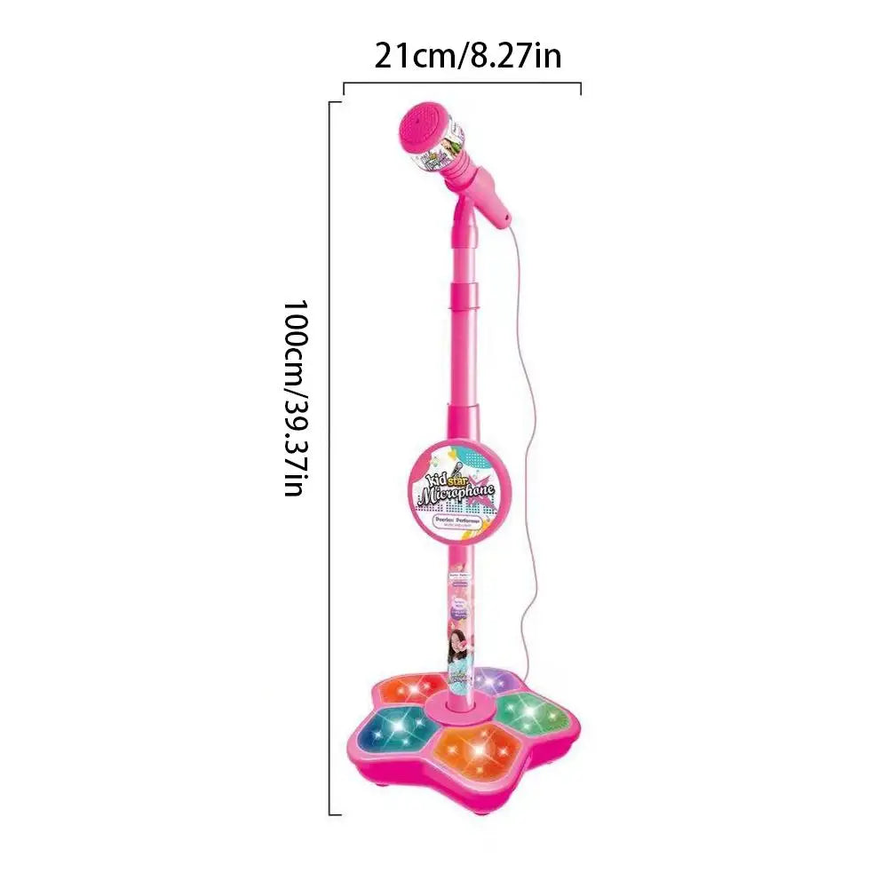 A portable karaoke microphone with a stand and light effects, featuring a pink microphone and colorful light pads.