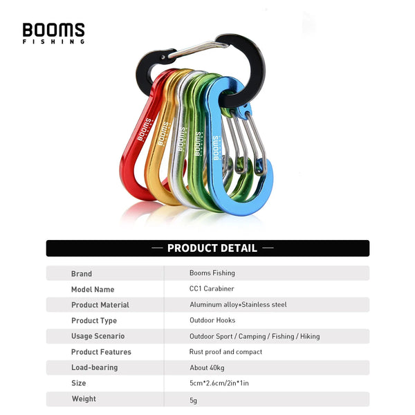 A set of six colorful aluminum carabiner keychain clips hanging from a black ring.
