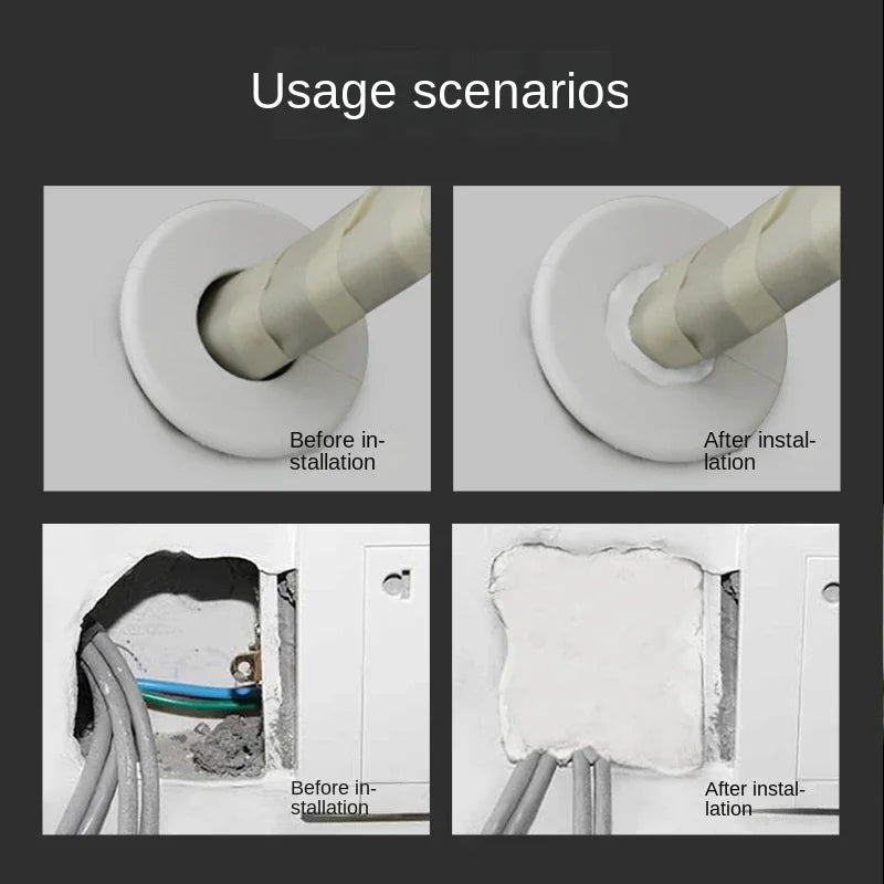 Comparison showing before and after installation of moldable sealing clay for AC holes, pipes, and wall gaps