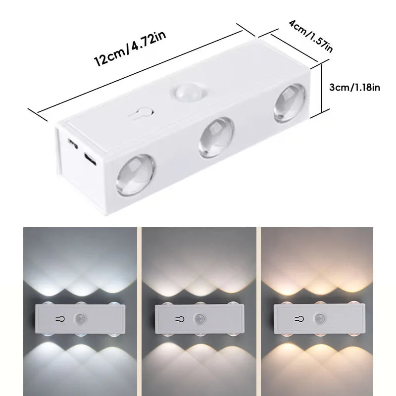 A white smart motion-sensor LED wall light fixture shown in three different installation angles.