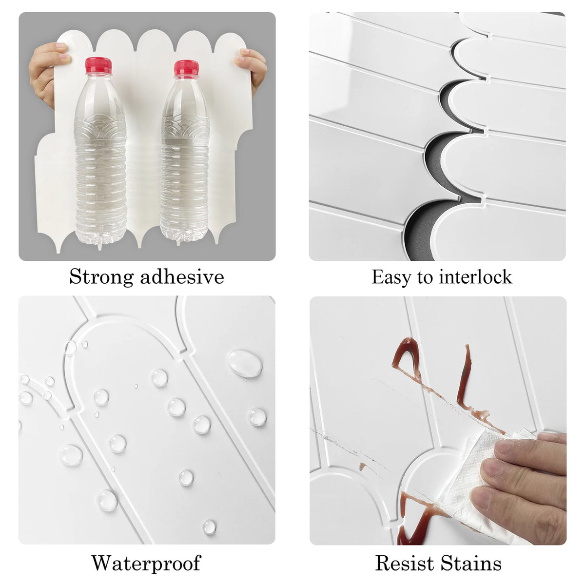 Demonstration of premium thick peel-and-stick 3D backsplash tiles showing strong adhesive, easy interlocking, waterproof prop