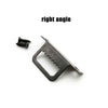 A metal right angle piece with sawteeth is shown next to a small screw.