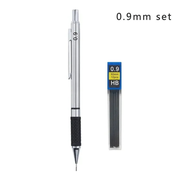 A silver professional metal mechanical pencil set with a grip and lead, labeled 0.9mm.