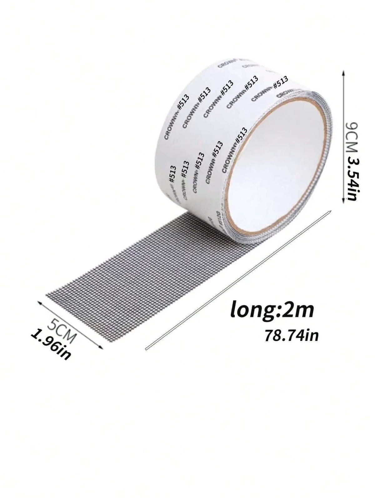 Roll of self-adhesive window screen repair tape with a 9cm width and 3.54in thickness.