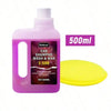 A purple plastic bottle of 500ml car shampoo wash and wax is shown next to a yellow foam disc.