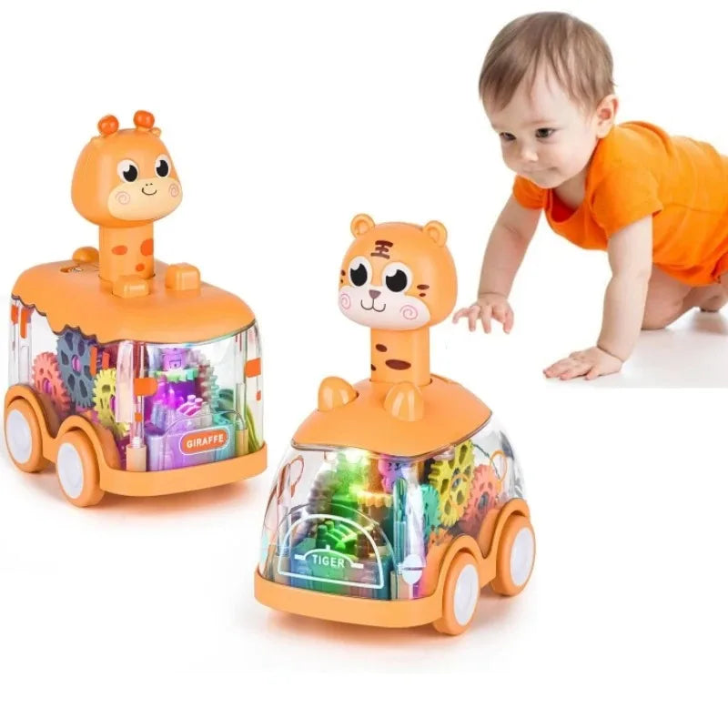 An orange giraffe and tiger light-up gear car toy for toddlers.