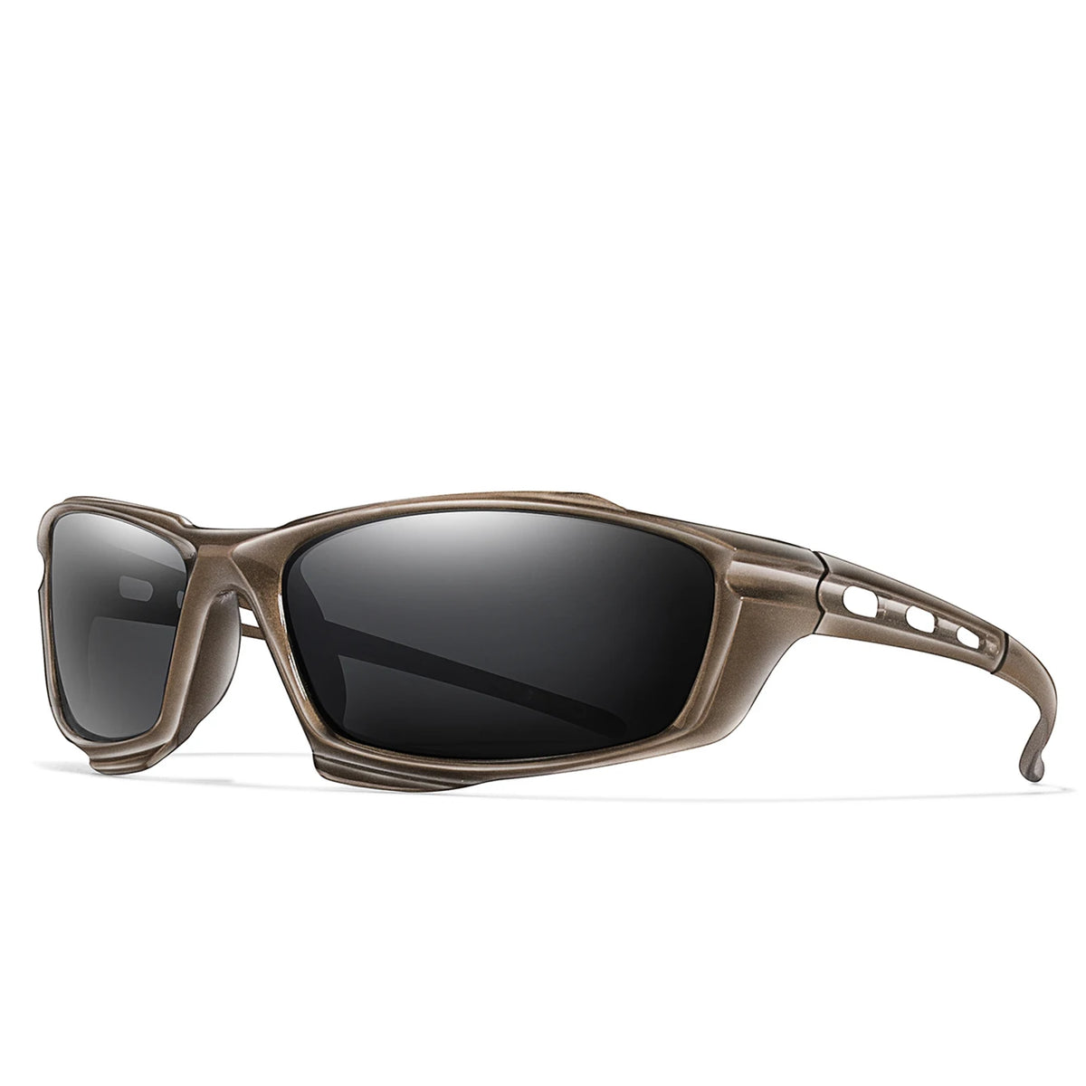 A pair of brown polarized sports sunglasses with dark lenses and a textured frame.
