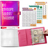 A pink A5 budget binder with cash envelopes and a savings challenge tracker sheet.
