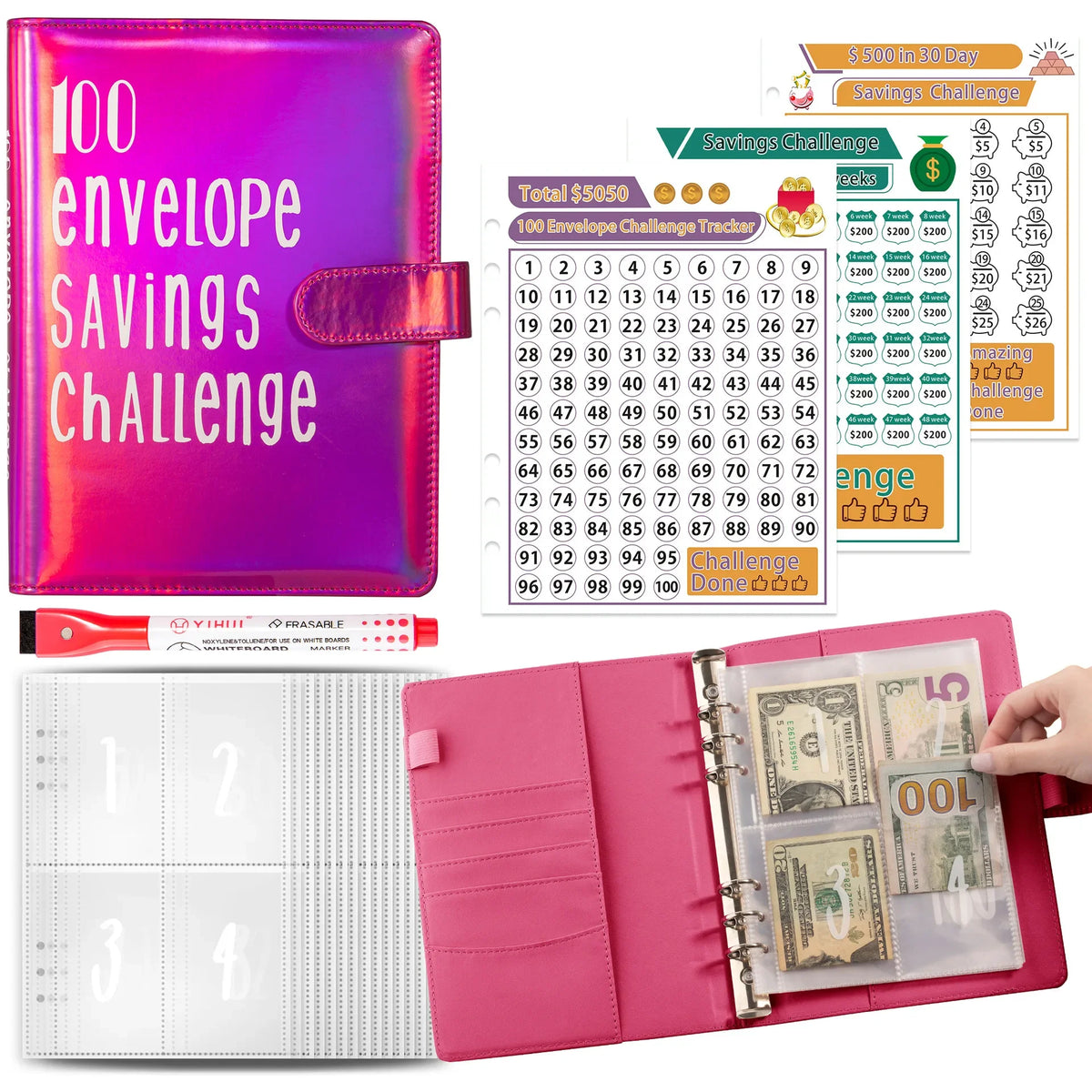 A pink A5 budget binder with cash envelopes and a savings challenge tracker sheet.
