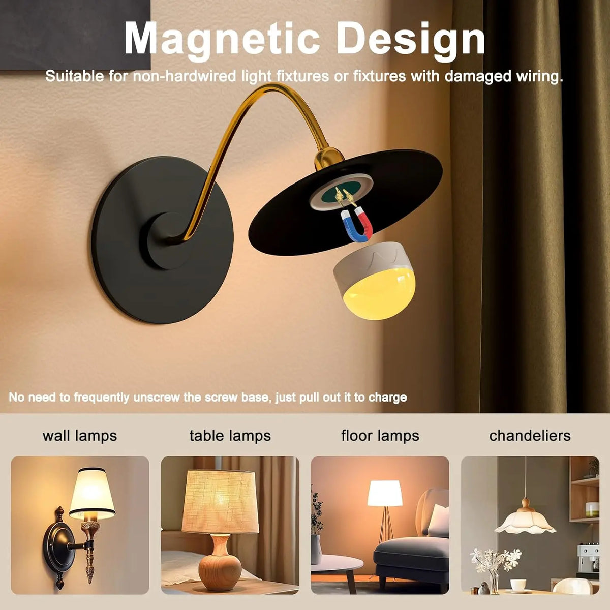 Magnetic design light fixture suitable for non-hardwired lighting options like wall lamps, table lamps, floor lamps, and chan